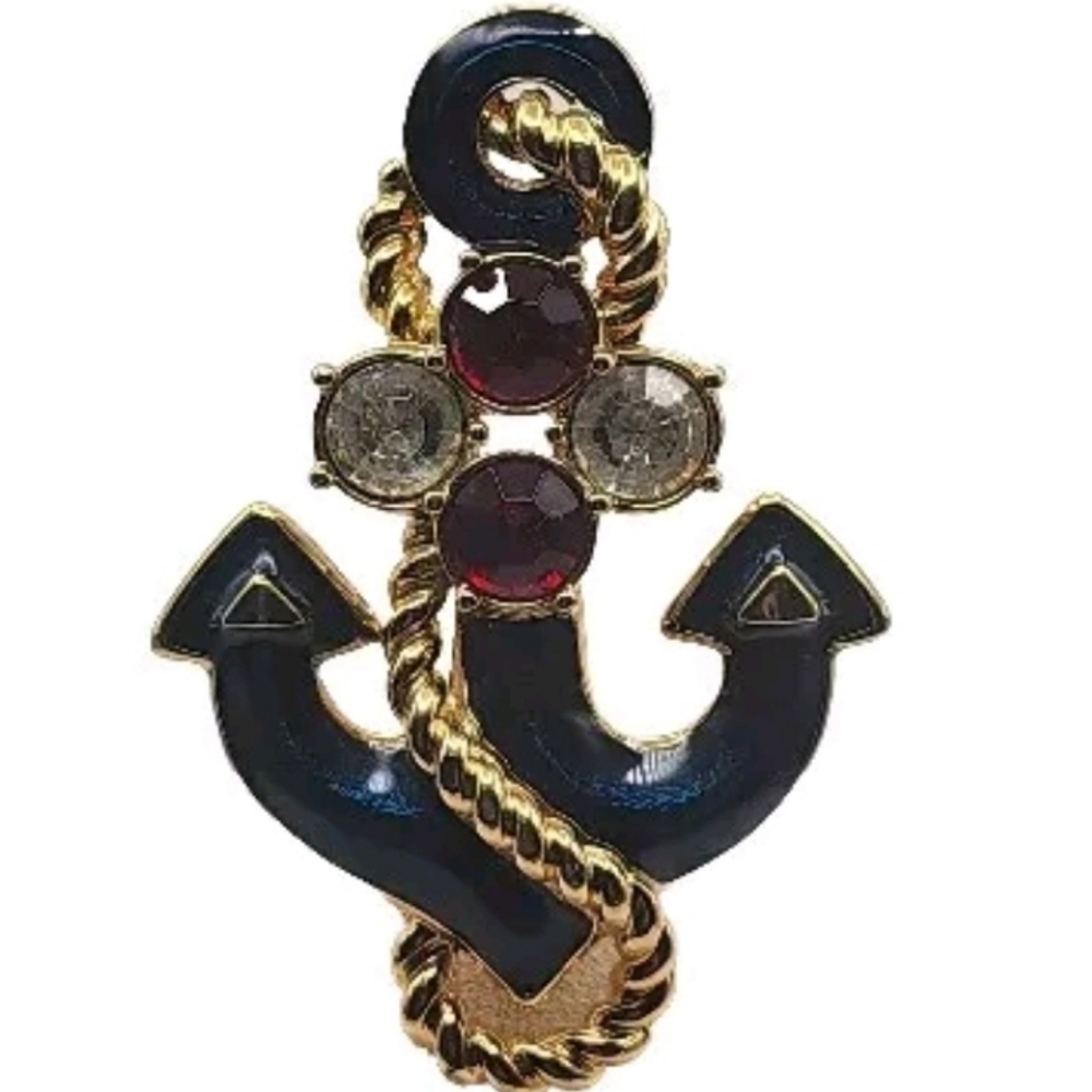 Vintage Trifari Anchor Brooch Blue Enamel Gold Tone Rhinestones
